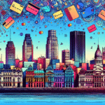 A vibrant illustration of Buenos Aires skyline with iconic landmarks, jazzed up with colorful credit card motifs floating in the sky, highlighting travel and finance themes.