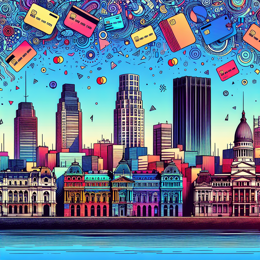 A vibrant illustration of Buenos Aires skyline with iconic landmarks, jazzed up with colorful credit card motifs floating in the sky, highlighting travel and finance themes.