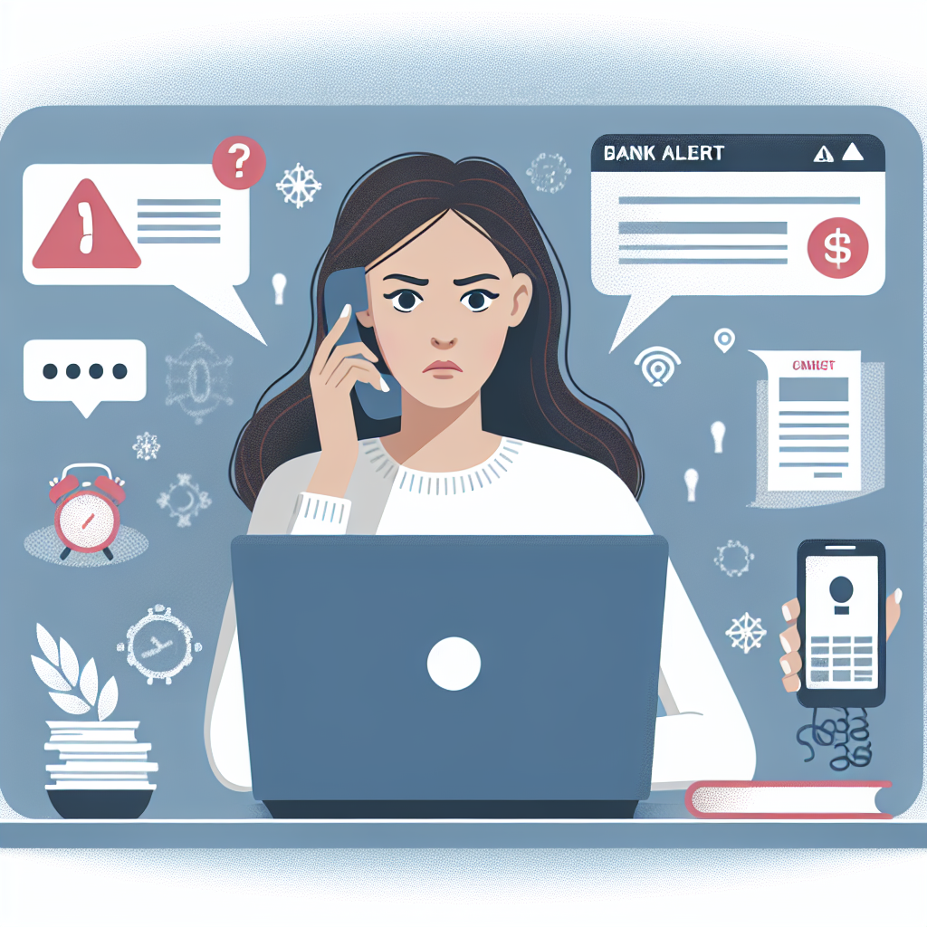 Illustrasjon av bekymret person foran laptop med bankvarsler på skjermen, symboler for betaling, dokumentasjon og telefonkontakt, i et klart og moderne design
