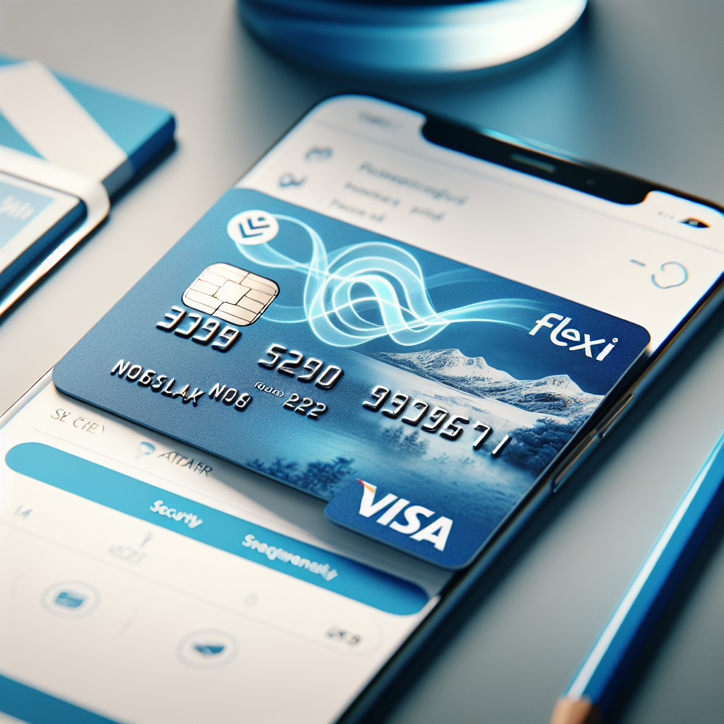 Nærbilde av et moderne Flexi Visa-kredittkort liggende på et skrivebord med mobilapp i bakgrunnen, norsk stil, blå og hvite fargetoner, fokus på sikkerhet og fleksibilitet