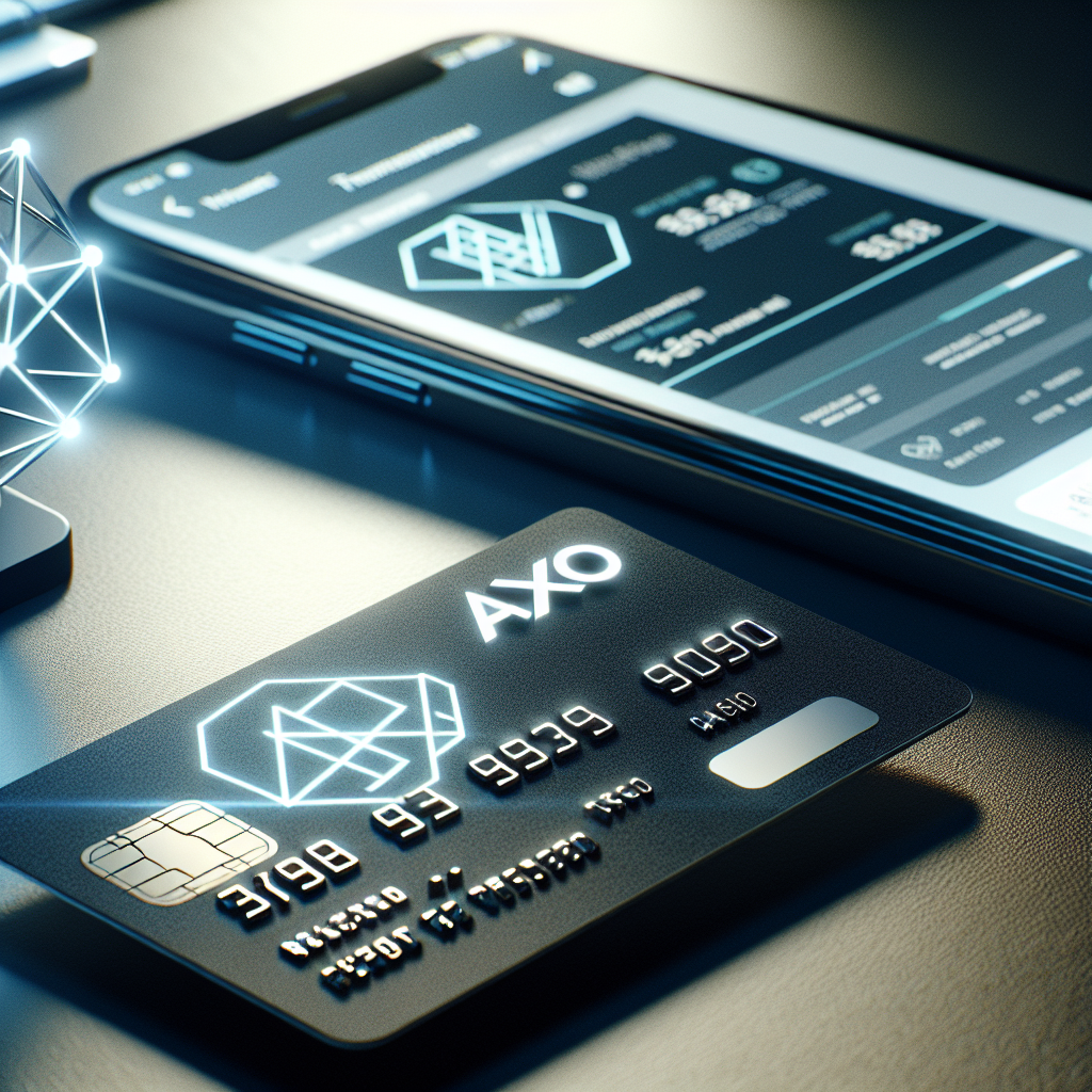 Nærbilde av et moderne kredittkort med Axo-logo på en bordflate, mobilapp i bakgrunnen som viser transaksjoner, stilren og trygg økonomisk estetikk