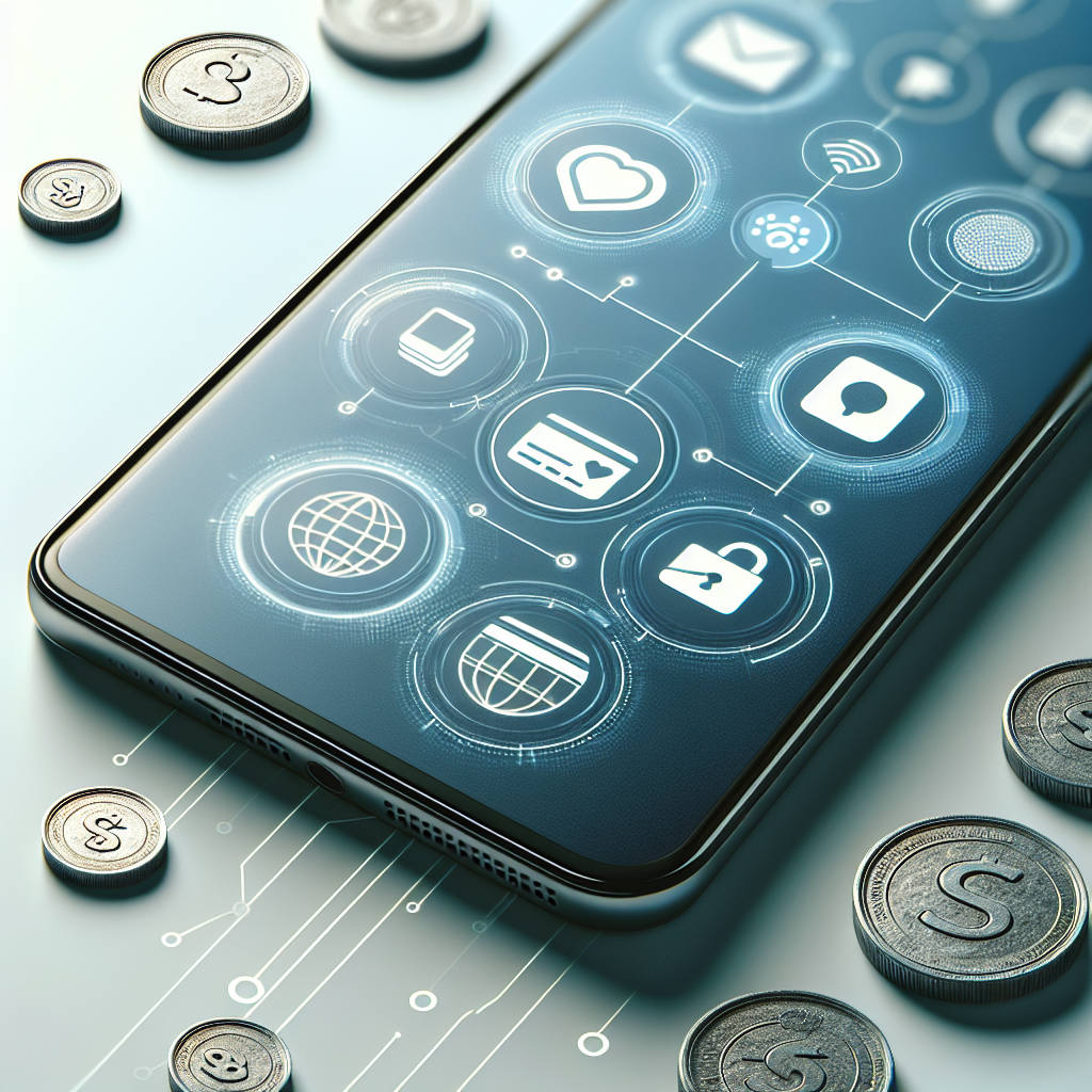 Nærbilde av en moderne smarttelefon med digitale kortikoner, mynter og mobilnettverkssymboler, i et rent, nordisk fargepalett som signaliserer økonomi og sikkerhet