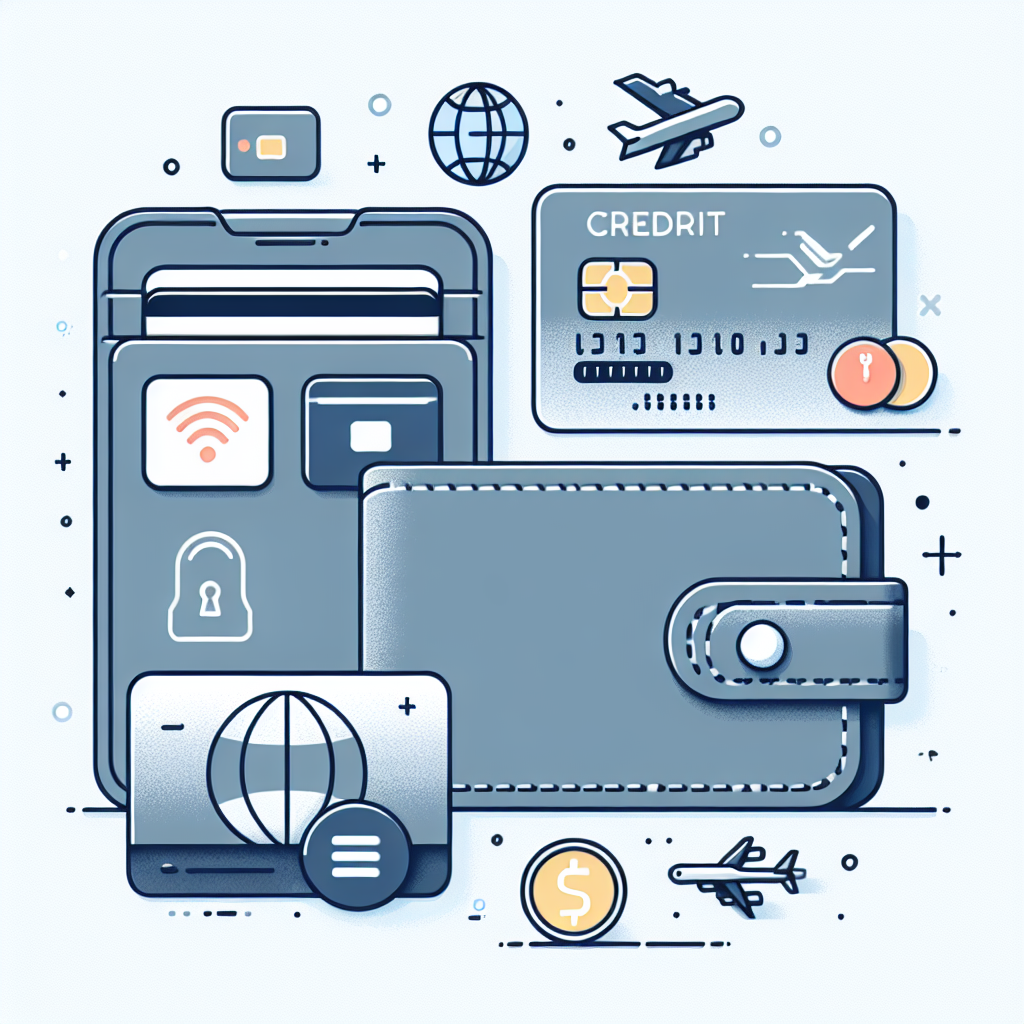 Illustrasjon av en moderne lommebok med et par kredittkort, en mobilapp som viser transaksjoner, og ikoner for sikkerhet og reise, i en ren skandinavisk stil.