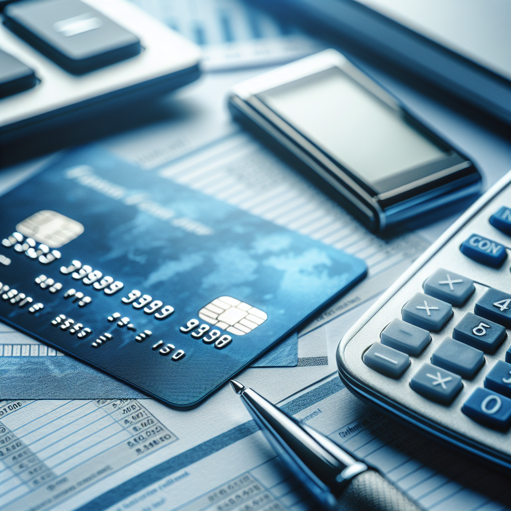 Profesjonelt nærbilde av et kredittkort, kalkulator og regnskapsark på et skrivebord i blåtoner, moderne bedriftspreg, høy oppløsning