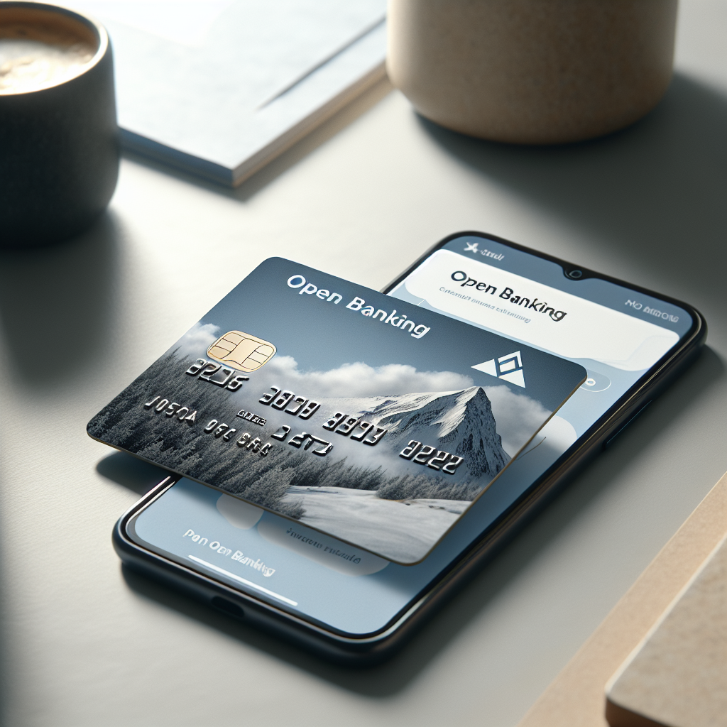 Nærbilde av et moderne kredittkort på et skrivebord ved siden av en mobiltelefon med bankapp åpen, nøytral bakgrunn, nordisk, profesjonelt lys